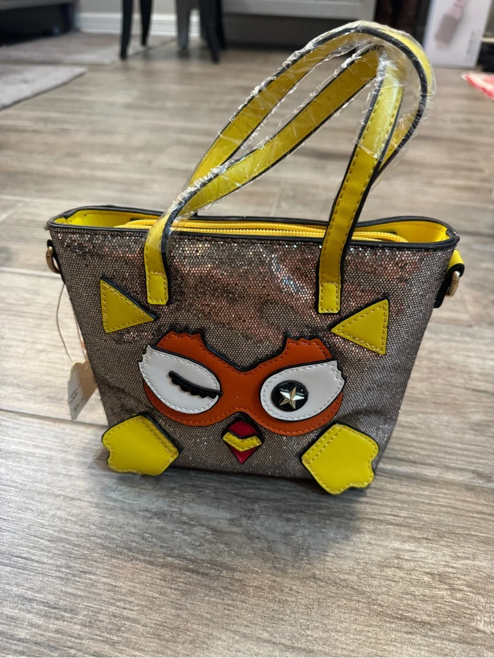 Kids Sparkle Owl Mini Tote Bag in Yellow Accent